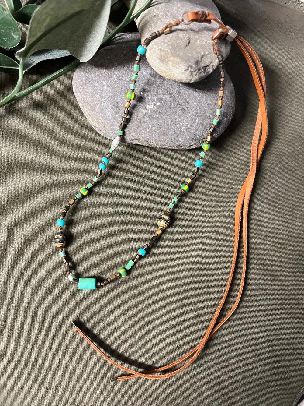 Boho Turquoise & Green tiny Beaded Necklace with Leather adjustable Tie